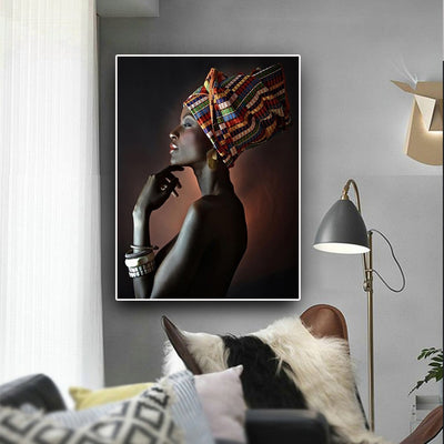 African Nude Woman Indian Headband Portrait Canvas - Minimalist Nordic