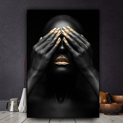 Hand and Gold Lip Woman Oil Painting Printing Black Wall Art - Minimalist Nordic