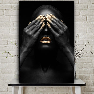 Hand and Gold Lip Woman Oil Painting Printing Black Wall Art - Minimalist Nordic