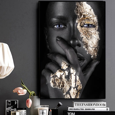 African American Woman in Gold Black Wall Art For Sales - Minimalist Nordic