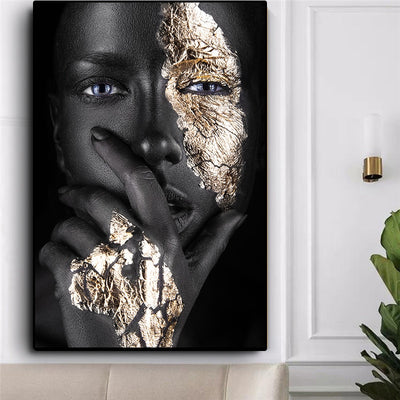 African Black Woman Model Gold Foil Face Canvas Print Portrait Modern Wall  Art