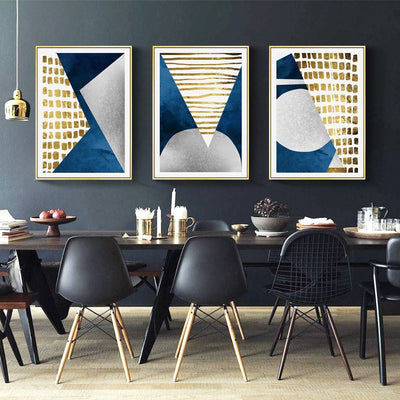 Modern Abstract Blue Gold Moon Painting - Minimalist Nordic