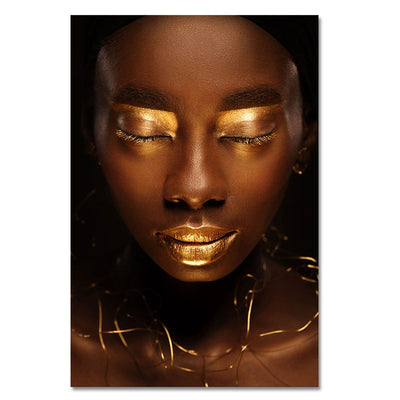 Gold Lip Nude Black African Art Portrait Canvas - Minimalist Nordic