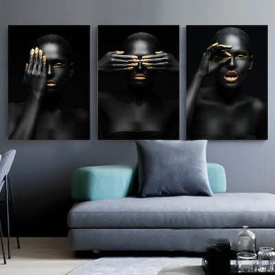 Black Gold Nude African Art Woman Nordic Style Painting on Canvas - Minimalist Nordic