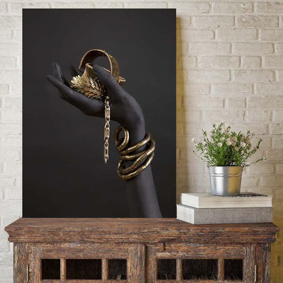 African Hand Bracelet Woman In Gold Canvas Black Wall Art - Minimalist Nordic