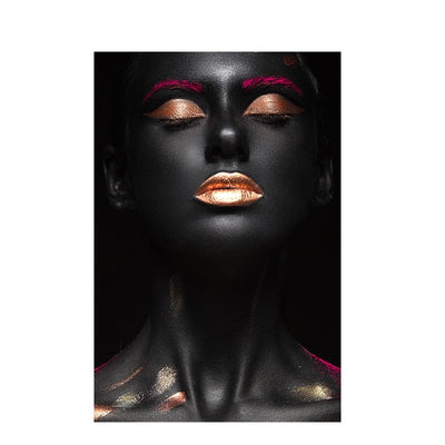 Black African Nude Woman With Rose Gold Lip Printing on Canvas - Minimalist Nordic