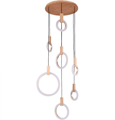 Modern LED stair chandelier lighting Nordic living room ceiling pendant lamps bedroom Acrylic rings fixtures Wood hanging lights - Minimalist Nordic