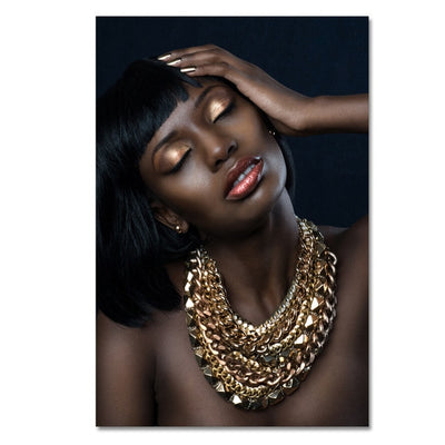 African Woman Gold Girl Necklace Portrait Canvas - Minimalist Nordic