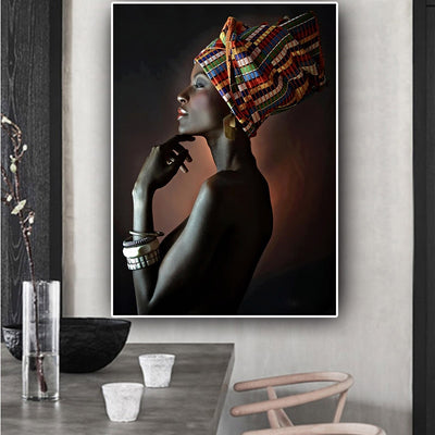 African Nude Woman Indian Headband Portrait Canvas - Minimalist Nordic
