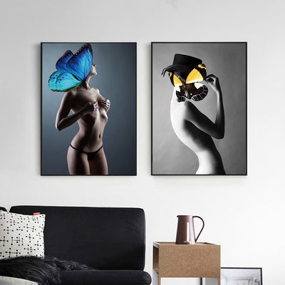 Butterfly Masked Nude Girl Art Woman Abstract Canvas - Minimalist Nordic