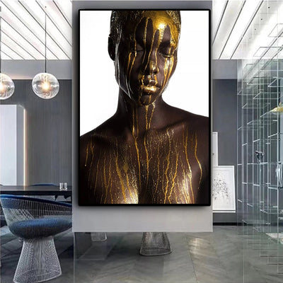 Nude African Black and Gold Woman Oil Painting on Canvas - Minimalist Nordic