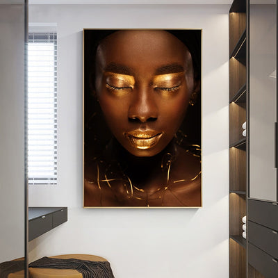 Gold Lip Nude Black African Art Portrait Canvas - Minimalist Nordic
