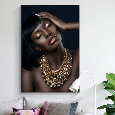 African Woman Gold Girl Necklace Portrait Canvas - Minimalist Nordic