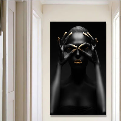 Black Gold Nude African Art Woman Nordic Style Painting on Canvas - Minimalist Nordic