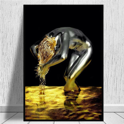 Golden Liquid Black Nude Woman Canvas - Minimalist Nordic